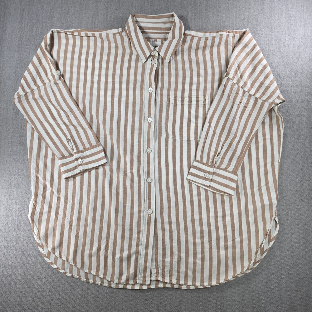 American Eagle Button‎ Down Shirt Womens S Tan Striped Oversized Viscose Cotton